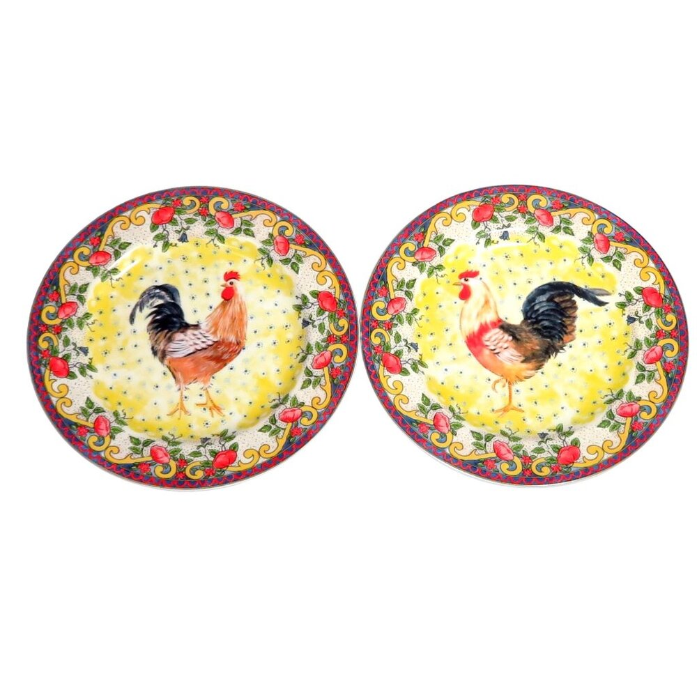 Set of 2 American Atelier Petite Provence 8 Inch Porcelain Rooster Salad Plates